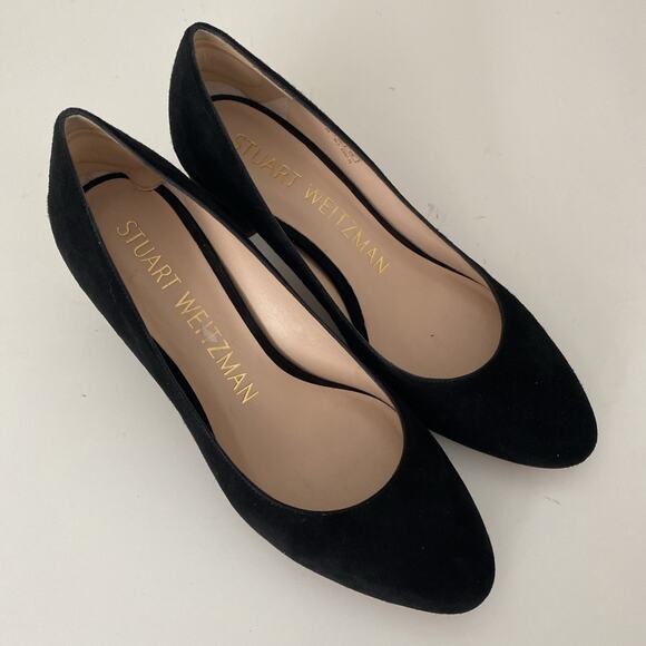 Stuart Weitzman Amatta Black Suede Pump 2" Block Heel Almond Toe 6 - Picture 2 of 11